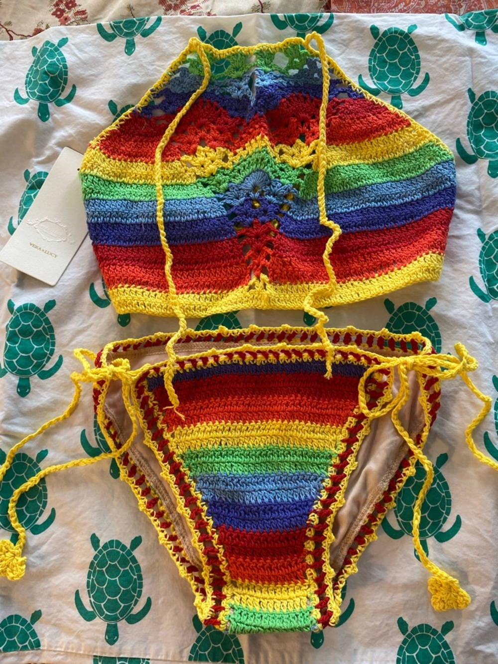 Hand-Crocheted Rainbow Halter Bikini Top & Bottom - Yellow Trim